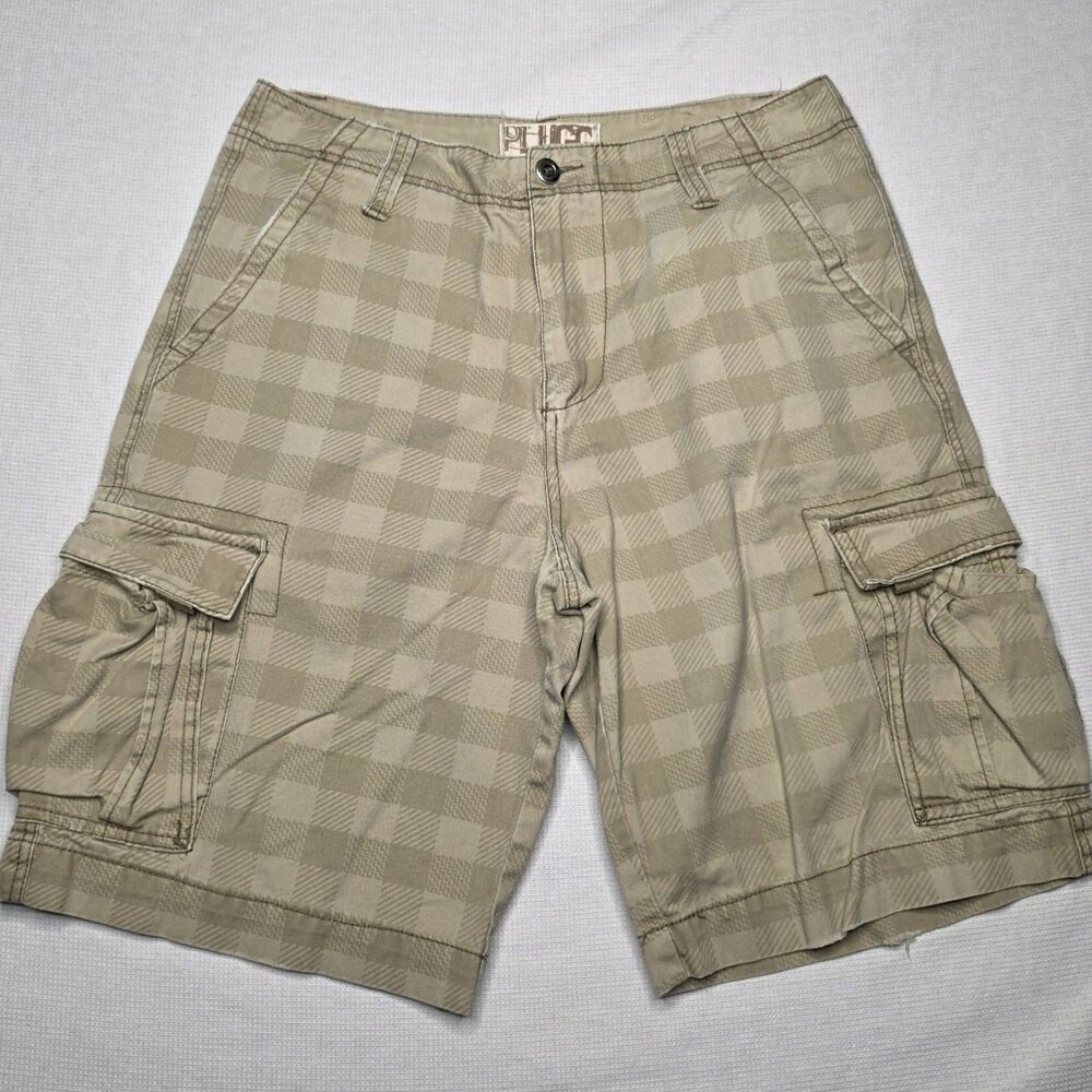Plugg Cargo Shorts Men's 33 Plaid Beige Tan Cotton Casual Flat Front